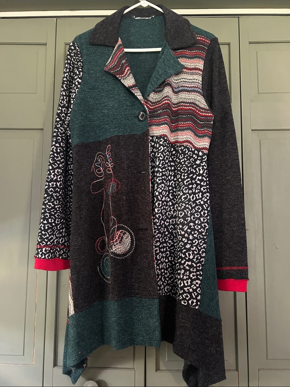 Patchwork Longline Women's cardigan sweater with multi media panel patches